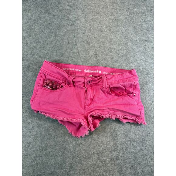 Dollhouse Denim Jean Cut Off Shorts Womens 31 Pink Sequined Pockets Sexy Summer - Picture 1 of 5